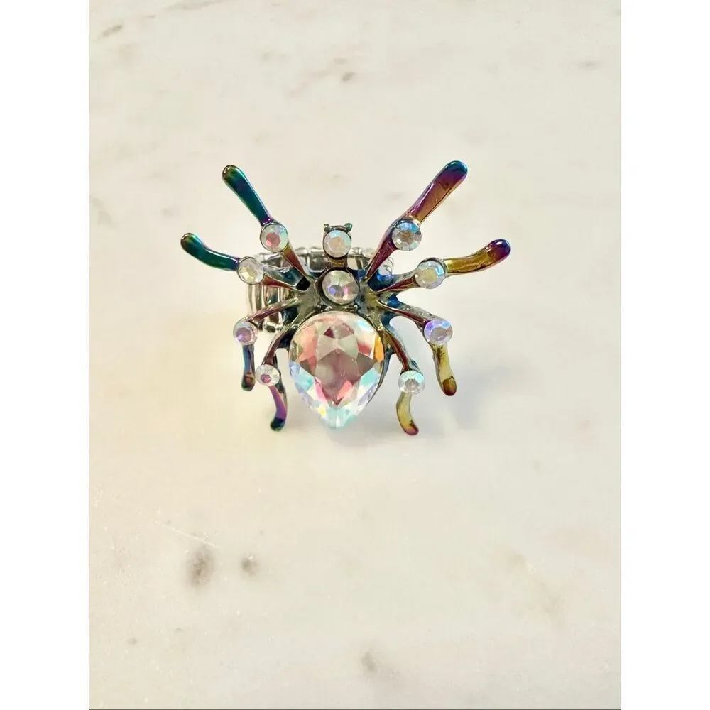 Iridescent spider rhinestone adjustable ring